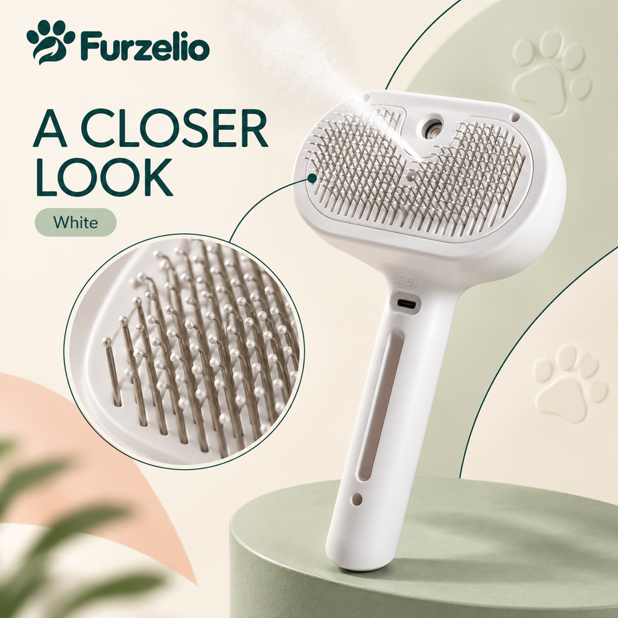 White pet brush showing bristles, water filling and mist